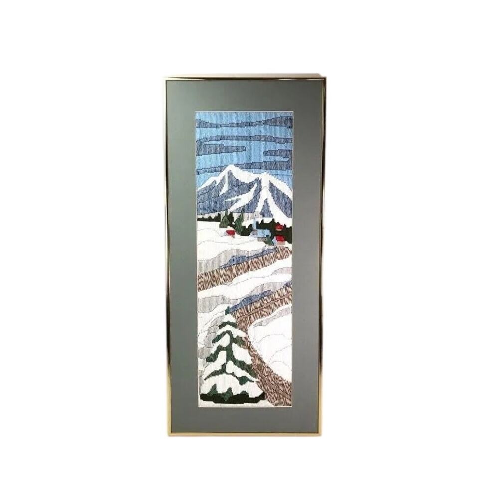 Vintage Finished and Framed Needlepoint Mountain Landscape Art